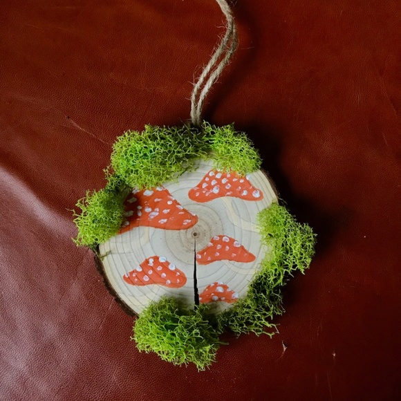 Small wooden hanging mushroom painting with moss - Picture 3 of 4